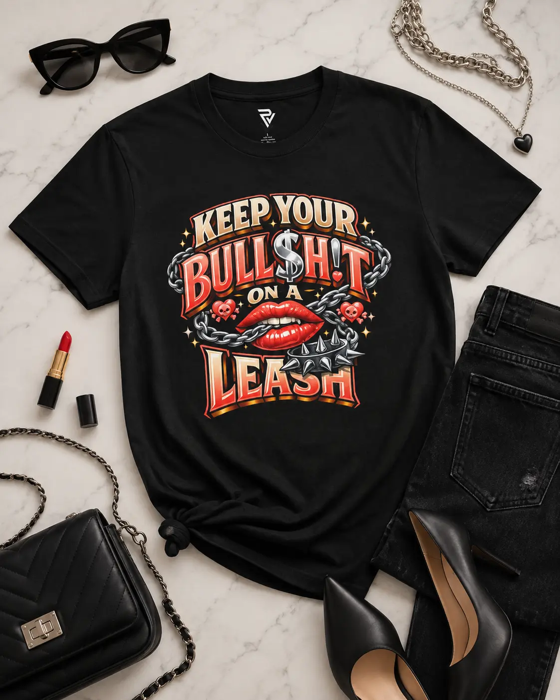 Psyche Visuals Women's Keep Your Bull On A Leash T-Shirt - Lips Chain Spiked Collar Baddie Graphic Tee