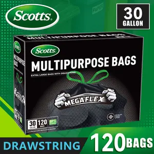 Scotts 30 Gallon Boxed Disposable Non Tear Black Large Drawstring Trash Bags, For Large Kitchen Trash Can, Ultra Strong 113.5L Multipurpose Cleaning Supplies For Industrial, Garden, Home, Commercial - Durable, Leak-Proof, Easy To Use Garbage Bags