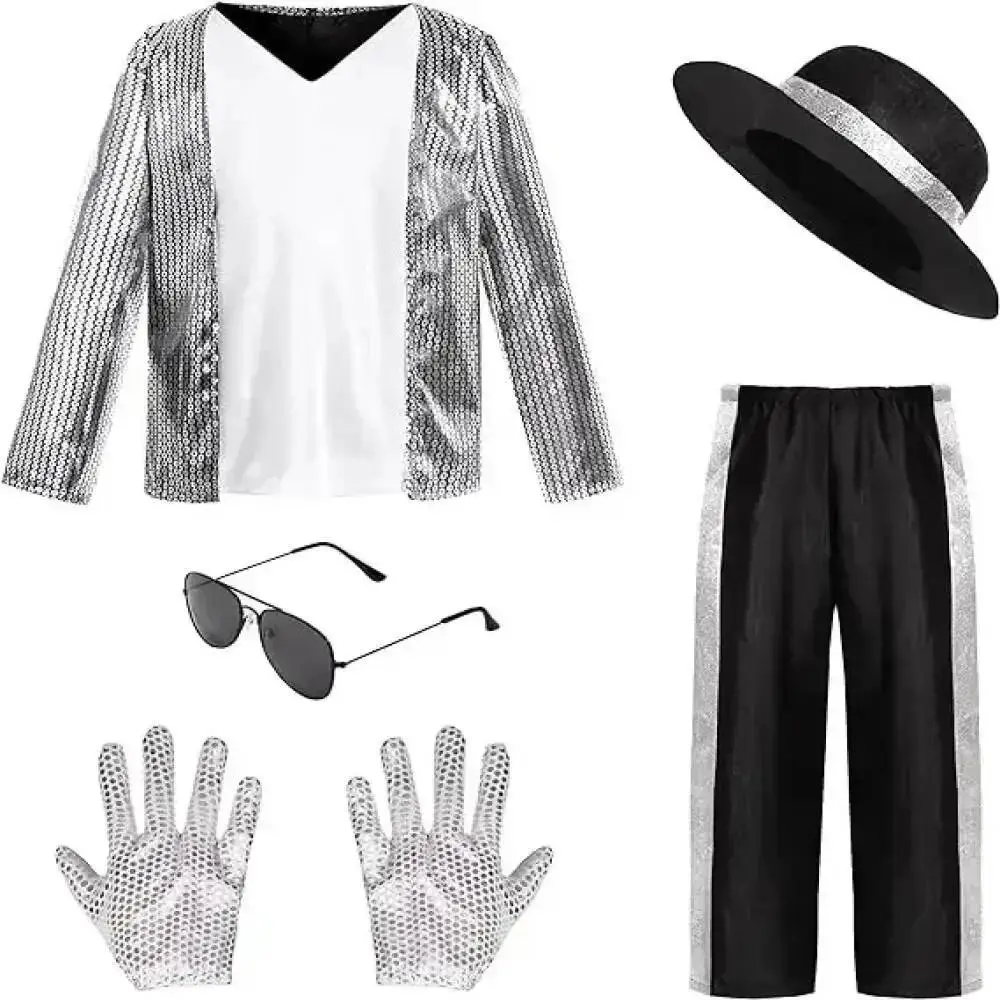 Anime Michael Jackson Billie Jean Cosplay Black Suit Dance Disco Halloween Fancy Dress Up 70s Pop King Costume for Top Pants