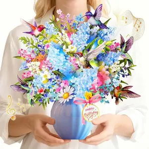 Birthday Greeting Card Whimsical Musical Hummingbird  - Office Stationery with Lights, Pop-Up Flower Bouquet, Birthday Song, Unique Gift for Women