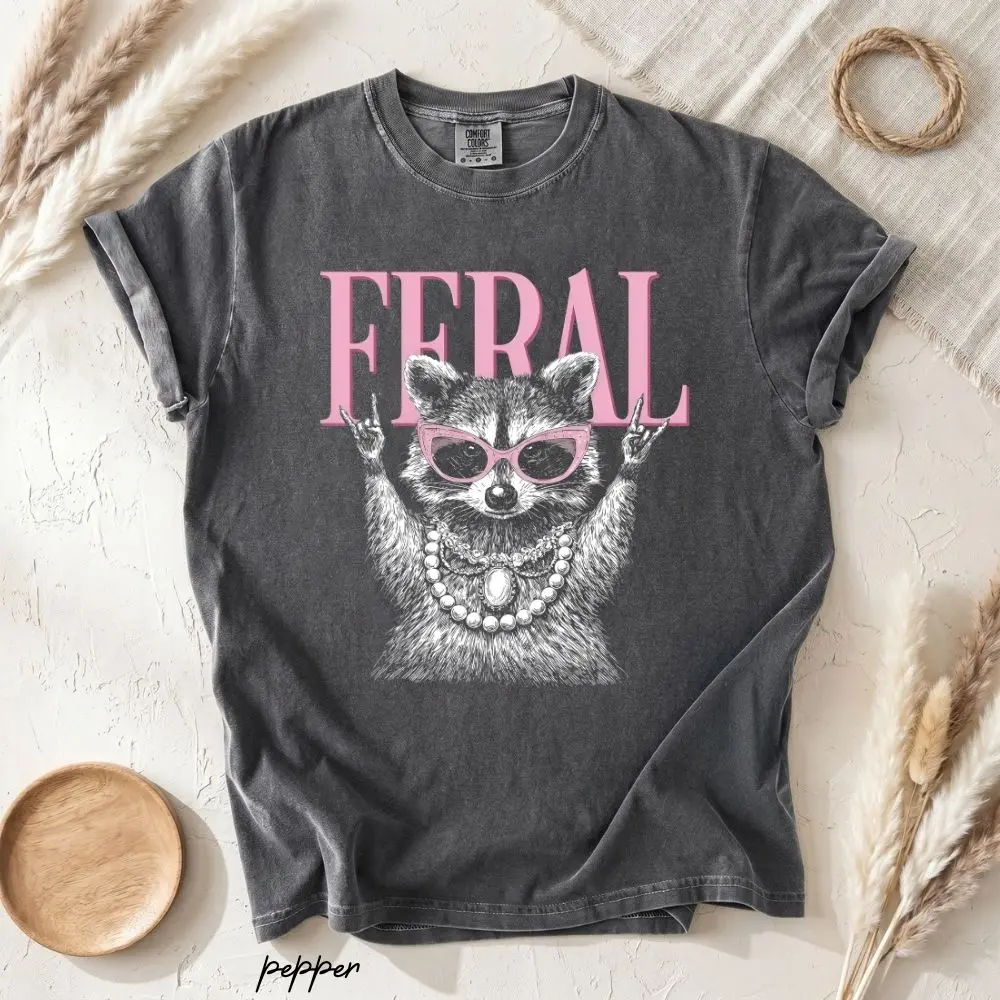 Comfort Colors Feral Raccoon T-Shirt, Funny Sassy Possum Pearls Graphic Tee for Women, Trash Panda Meme Shirt, Feral Girl Gift, Sarcastic Animal Lover Top