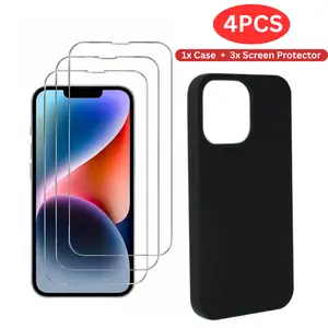 4PCS Set including 3 Screen Protectors and 1 Black Phone Case for iPhone Models 16, 15, 14, 13 12, 11, Pro, Plus, Pro Max, Mini, X, XS, XS Mas, 7, 8 and more, Black cover, Tempered Glass Screen Protector