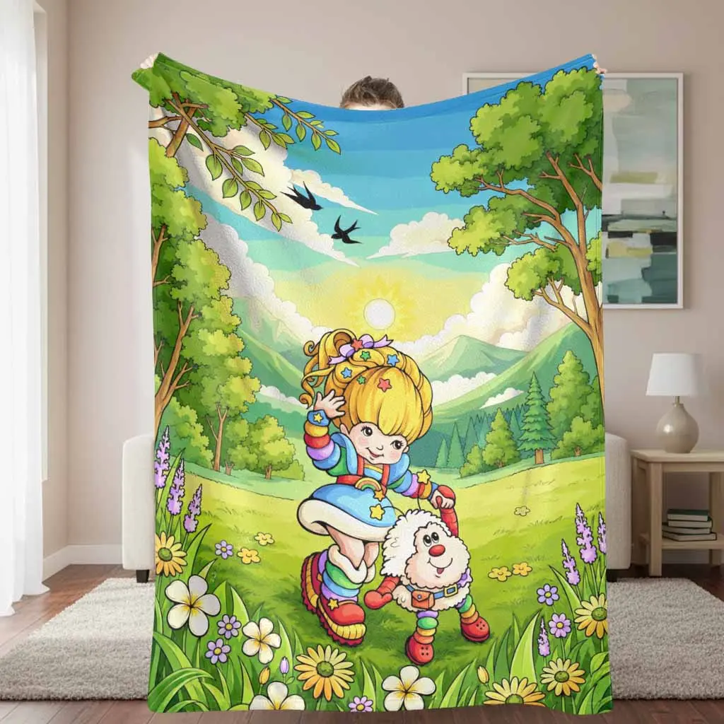 Sunshine Girl Flannel Blanket - Cartoon Print, Flannel Fabric, Meadow Scene, Plush Texture, Multi-Size, Ultra Soft, Lightweight, Warm, Breathable, Cozy Throw for Bedroom, Living Room Decor