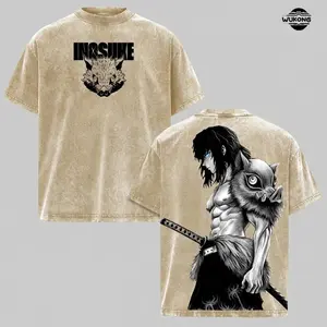 Inosuke Anime Washed Tee – Demon Slayer Vintage Manga T-Shirt, Cool Japanese Anime Graphic Shirt, Oversized Streetwear Trendy Otaku Gift, Aesthetic Shonen Anime Tee men clothing