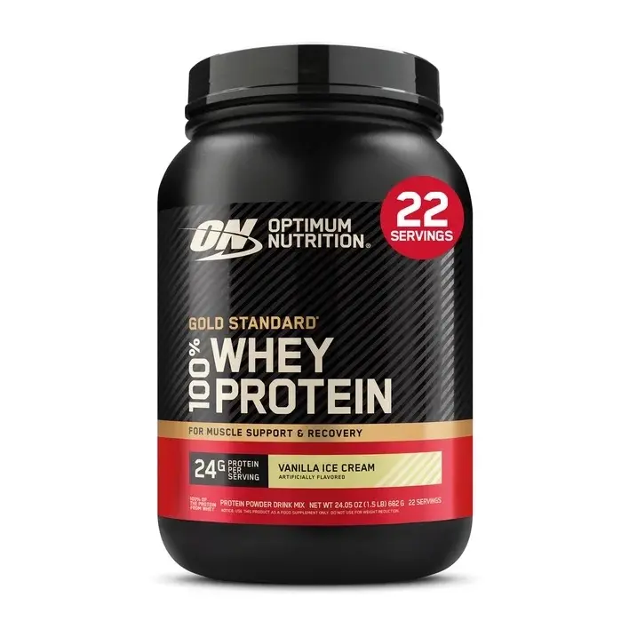 Optimum Nutrition Gold Standard 100% Whey Protein Powder - Vanilla Ice Cream Flavor, 24g Protein, 22 Servings, 1.5 lb (682g), Edible Metabolism-Boosting Fitness Dietary Supplement for US Adults, Water-Soluble, Sucralose-Free