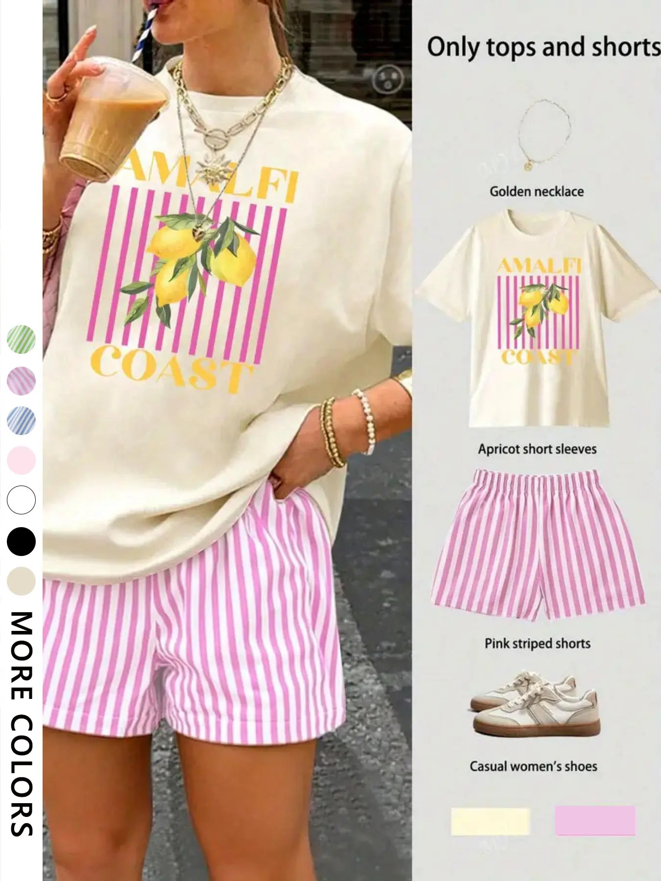 Two-Piece Women's Lemon Print Short Sleeve Top and Striped Shorts, Stylish Aesthetic Holiday Casual Outfit Set for Summer Beach and Campus Wear Clothes