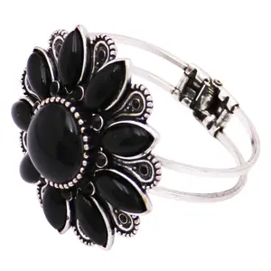 Bohemian Flower Style Burnished Silver Hinged Large Statement Bangle Bracelet