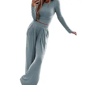Ribbed Knit Crop Top Loose Wide Leg Pant Lounge Set Fit Stretchy Womenswear Comfortable Day Outfit Overalls Piece