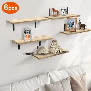 Floating Wall Shelves Set of 6 - Rustic Wood Storage with Metal Brackets