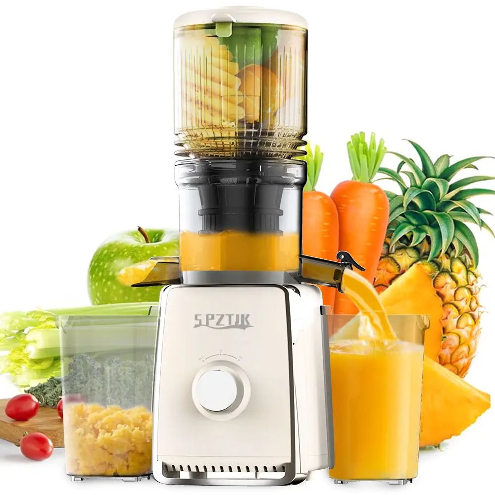 SPZTJK Cold Press Slow Masticating Juice Extractor (Juice Machine), 5.3" Oversize Feeder Mouth, 300W Mini Countertop Modern Lightweight Juicer with Silent Motor, Auto Pulp Sep., Polycarbonate Build, Safety Lock, Easy to Clean for Batch Juicing
