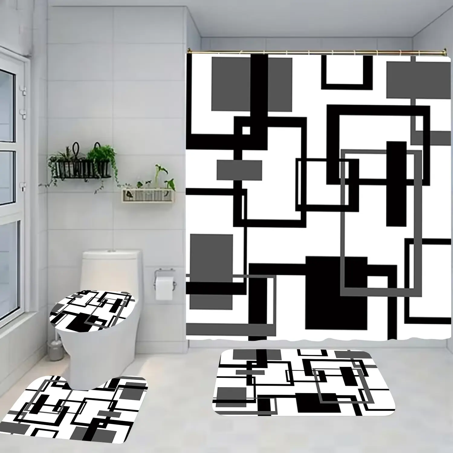 1/4 piece black checkered bathroom set, including soft floor mats, toilet seat cushions, shower curtains, creating home decor. The floor mats rebound well, absorb water, prevent slipping, Bathroom decoration accessories