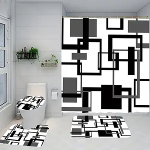 1/4 piece black checkered bathroom set, including soft floor mats, toilet seat cushions, and shower curtains, creating elegant decoration and home decor. The floor mats rebound well, absorb water, prevent slipping, and are the first choice for gift giving