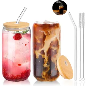 16oz Beer Can Shaped Glass Cups with Bamboo Lids & Glass Straws Set - 4 Cups 4 Lids 4 Straws 2 Brushes - Lead-Free BPA-Free for Hot Cold Drinks - Perfect Gift for Birthdays Weddings Anniversaries Smoothie Milkshake