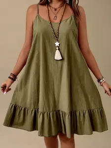 Plus Size Women's Solid Ruffles Hem Casual Sleeveless Dress Spaghetti Strap Summer Vacation Wear 100% Cotton Fabric