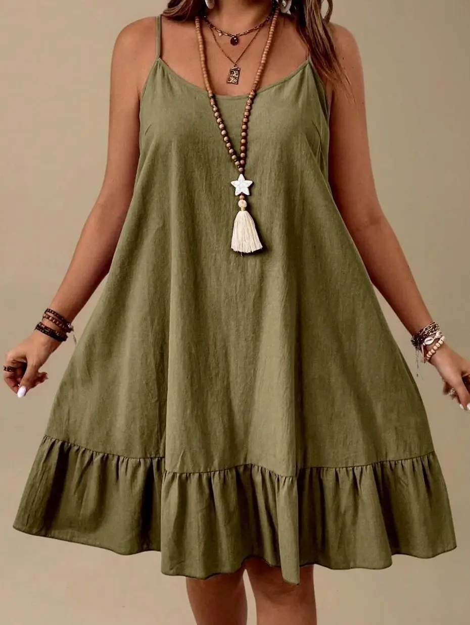 Plus Size Women's Solid Ruffles Hem Casual Sleeveless Dress Spaghetti Strap Summer Vacation Wear 100% Cotton Fabric