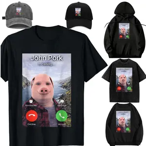 Women's John Pork Calling Meme Short-Sleeve Round Neck Top - Soft Linen-Cotton-Polyester Casual Streetwear T-Shirt, Unisex for Spring Daily Wear,summervibes