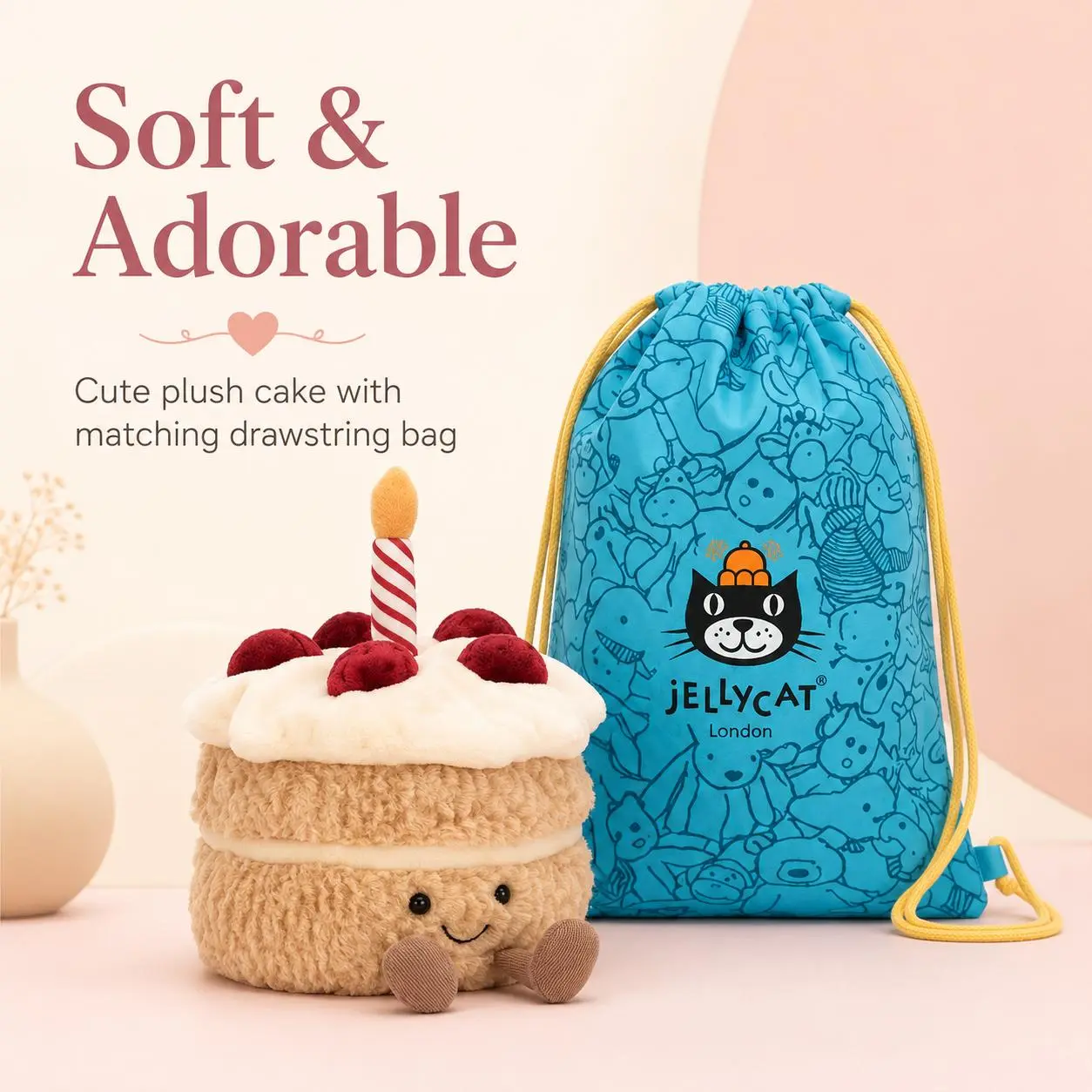 (Gift Dustbag) Jellycat Amuseables Birthday Cake Teddy Bear – Soft Rainbow Cake Plush Toy, Funny Cute Birthday Gift for Kids, Girls & Collectors