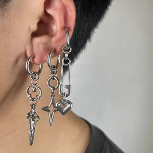 Unisex Punk Drop Earrings - Heart, Sword, Star, Safety Pin Dangle Designs - Casual, Secure, Unique Costume Jewelry Accessory for Stylish Outfits