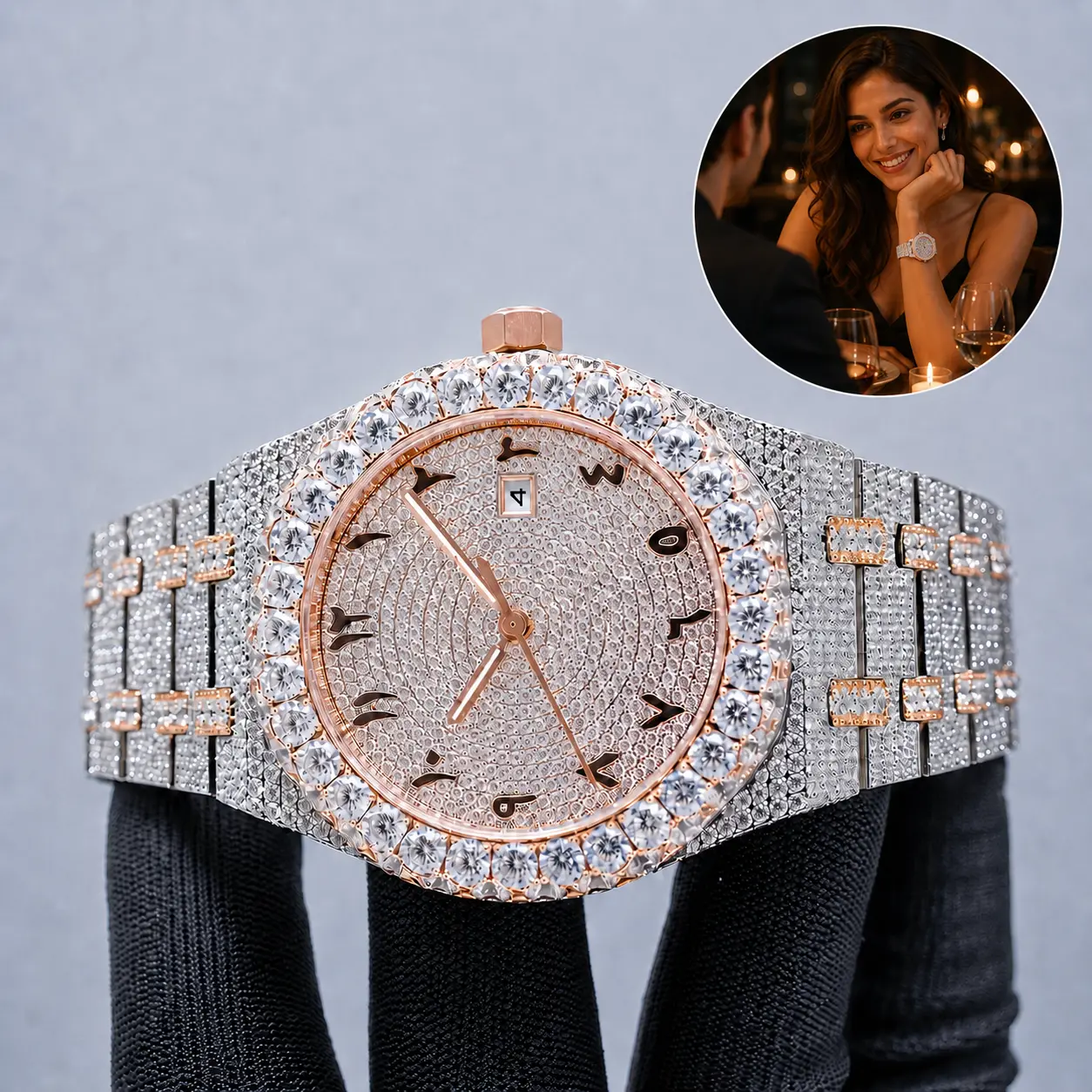 Independence Day Special Luxury Moissanite-Inspired Iced Out Automatic Wristwatch - Mechanical Metal Stylish Watch, Waterproof Auto Movement Bling Festive Party Gift