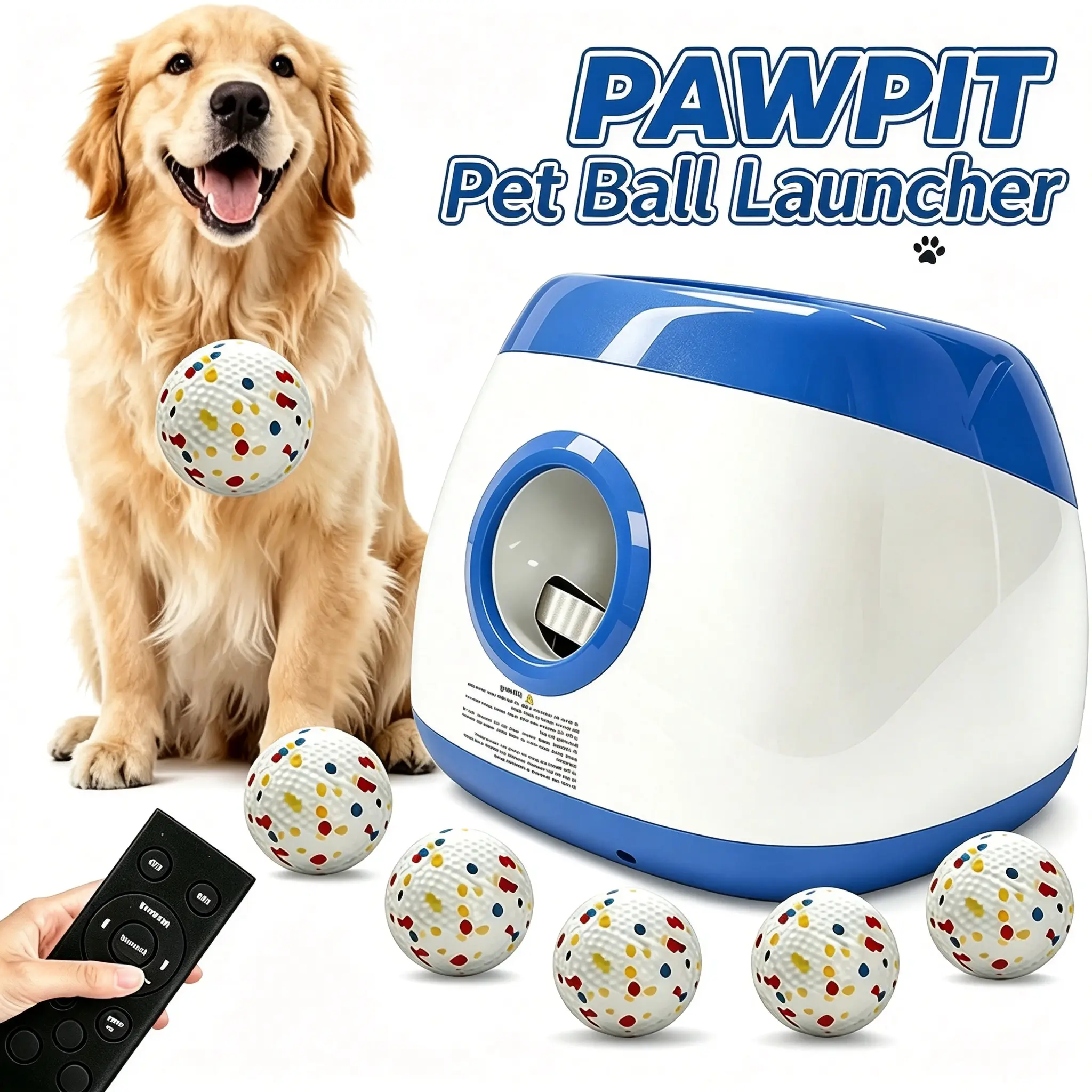 PAWPIT Large Automatic Dog Ball Launcher, Interactive Enrichment Dog Toy, Remote Control Fetch & Training Toy. Equipped with 5 Chew-Resistant, Easy-to-Clean ETPU Balls. Must-Have for Dog Families, Indoor & Outdoor Dog Toy, Ideal Gift for Dogs.