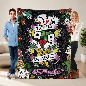 Ed Hardy Fleece Throw Blanket, Soft Plush Tattoo-Inspired Design with Cards, Dice, Roses & Love Motif, Cozy Lightweight Bed, Couch, or Air Conditioning Blanket