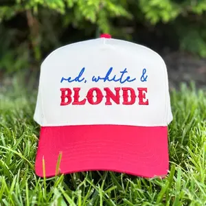 Red White & Blonde Embroidered Trucker Hat for Women – Vintage Patriotic Baseball Cap,Summer USA Party Hat Adjustable Snapback Summer Hat, Cute 4th of July Outfit Accessory Gift for Her moom gift
