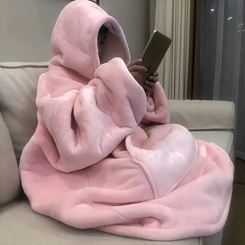 Blush Pink Oversized Soft Wearable Hoodie Blanket - Polyester Knit Soft Throw Blanket with Storage Pockets, Patches, Glam Design, Machine Washable, Indoor Use, Ideal Office Gifting Option (Mixed Colors Pink Simple Version), Casual Soft Blanket