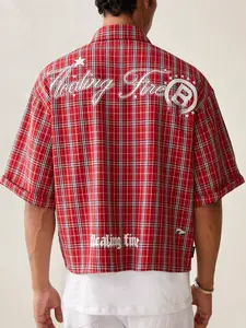 Men's Vintage Checkered Shirt, Artistic Back Design with Unique Typography, Lightweight Button-Down for Trendy Street Style and Daily Wear
