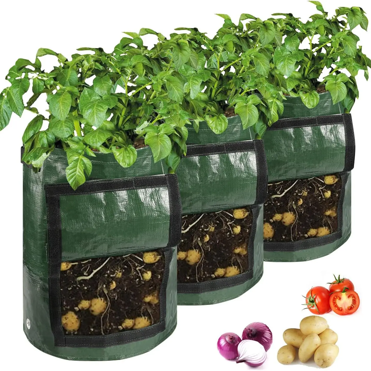 3 Gallon 3 Piece Potato Growing Bags with Lid and Handle, Convenient and Sturdy, Planting Bags for Potatoes Vegetables Outdoor Garden Container Planting, Suitable for All Plants, Portable Garden Planters