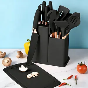 19-Piece Kitchen Knife Set with Heat-Resistant Silicone Cutlery & Wooden Handles - Includes Chef Knife, Non-Stick Compatible Tools, pots pans set Valentine's Day and More Cookware non stick pots and pans Kitchenware Nonstick Ladle Stylish White Pink