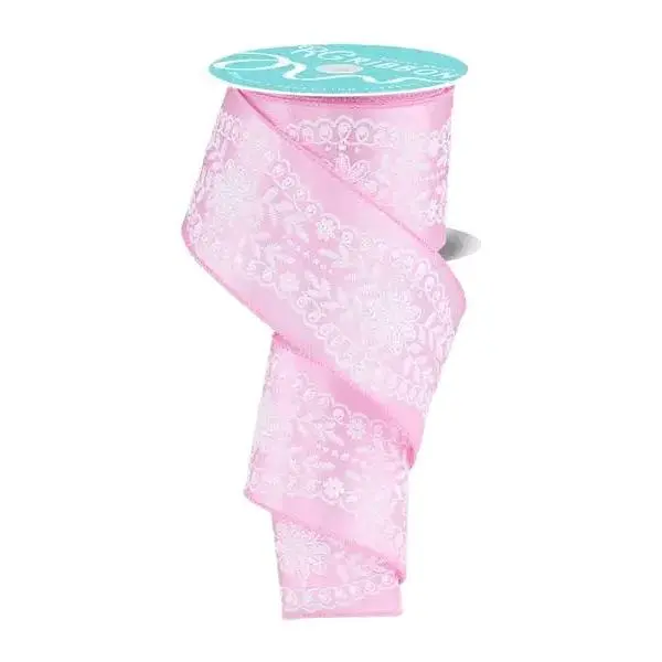 2.5" x 10yd Floral Lace Trim Ribbon – Bright Pink/White