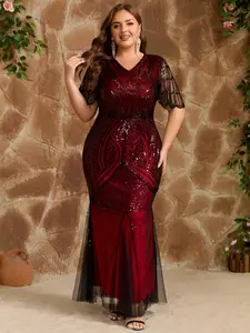 Plus Size Burgundy & Black Beaded Evening Dress - Vintage Inspired Sequin Mermaid Gown with Sheer Sleeves, V-Neck Formal Party Dress for Wedding, Prom, Holiday Gala, Red Carpet Event CXD21