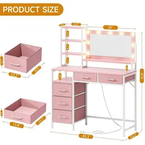 LED Lighted Makeup Vanity with Mirror, Dimmable 3 Light Modes, Large Capacity 5 Fabric Drawers & Open Shelves, Multifunctional Modern Dressing Desk for Bedroom