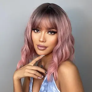 Pastel Bob Wigs with Bangs for Women Loose body Wavy Pastel Shoulder Length Bob Synthetic Cosplay Wig for Girl Colorful Costume Wigs ()daily party use/ natural appearance/ Curly Pink