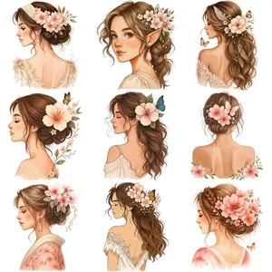 9PCS DIY ironing applique patch,  Floral Hair Styles With Butterflies And Pink Flowers , Easy Heat Transfer for Clothing, T-Shirts, Jeans, Backpacks, Hats & Pillows, Durable Washable Stickers Perfect for Casual Style, Ideal Gift for Women and Men.