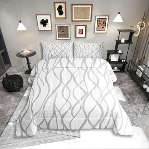 Feelyou Gray White Comforter Set King, Modern Abstract Geometric Bedding, Aesthetic Striped Down Comforter, Breathable Duvet Set, Microfiber Bedding Set