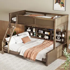 Twin XL over Queen Bunk Bed with Bookcase Storage Cabinets and USB Ports, Solid Wood Bunk Bed Frame