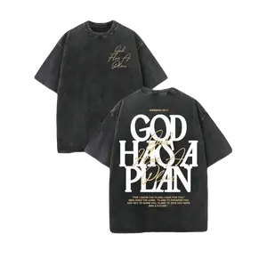 Retro Washed Double Sided Printed 'GOD HAS A PLAN' Letter Print, Casual, Street Style Tshirt