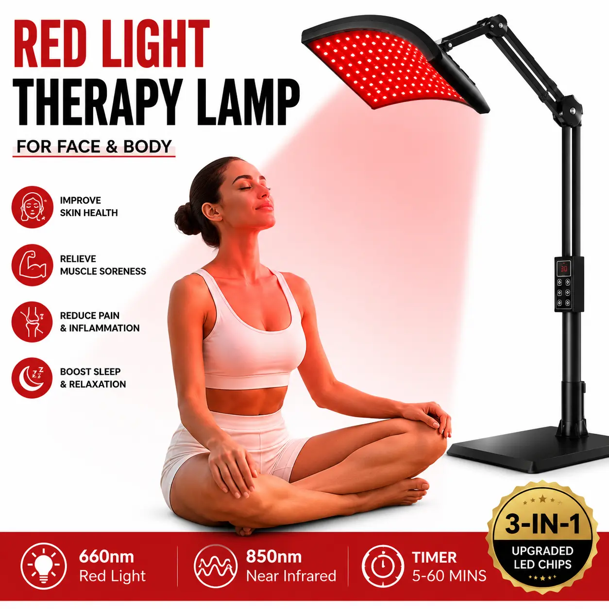 Red Light Therapy for Face and Body, Red Infrared Light Therapy Lamp with Stand Led 660nm & 850nm Infrared Light Device for Body