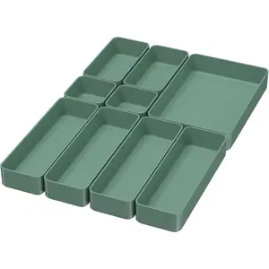 9 Pcs Stackable Drawer Organizer Trays Set, Green, Multifunctional Storage for Vanity, Bathroom, Kitchen, Desk, Office, PET Plastic Drawer Organizer