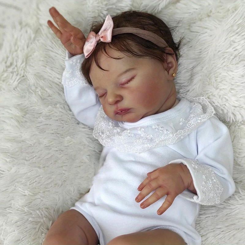 Realistic 50cm Asleep Reborn Baby Doll 20inch Soft Vinyl Newborn Bebe Girl Toy with Ear Studs, 3D-painting Skin with Visible Veins Lifelike Princess Gift Toy for Kids