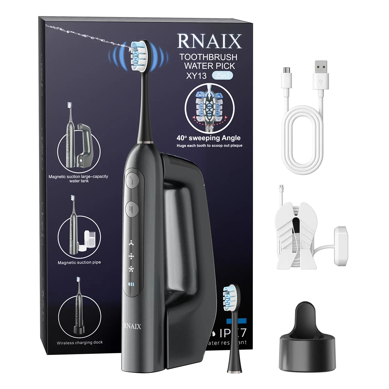 RANIX 2-in-1 Cordless Electric Oral Toothbrush with Removable Water Flosser, Sweeping Oscillation - Glossy Black for Adult Travel & Daily Use