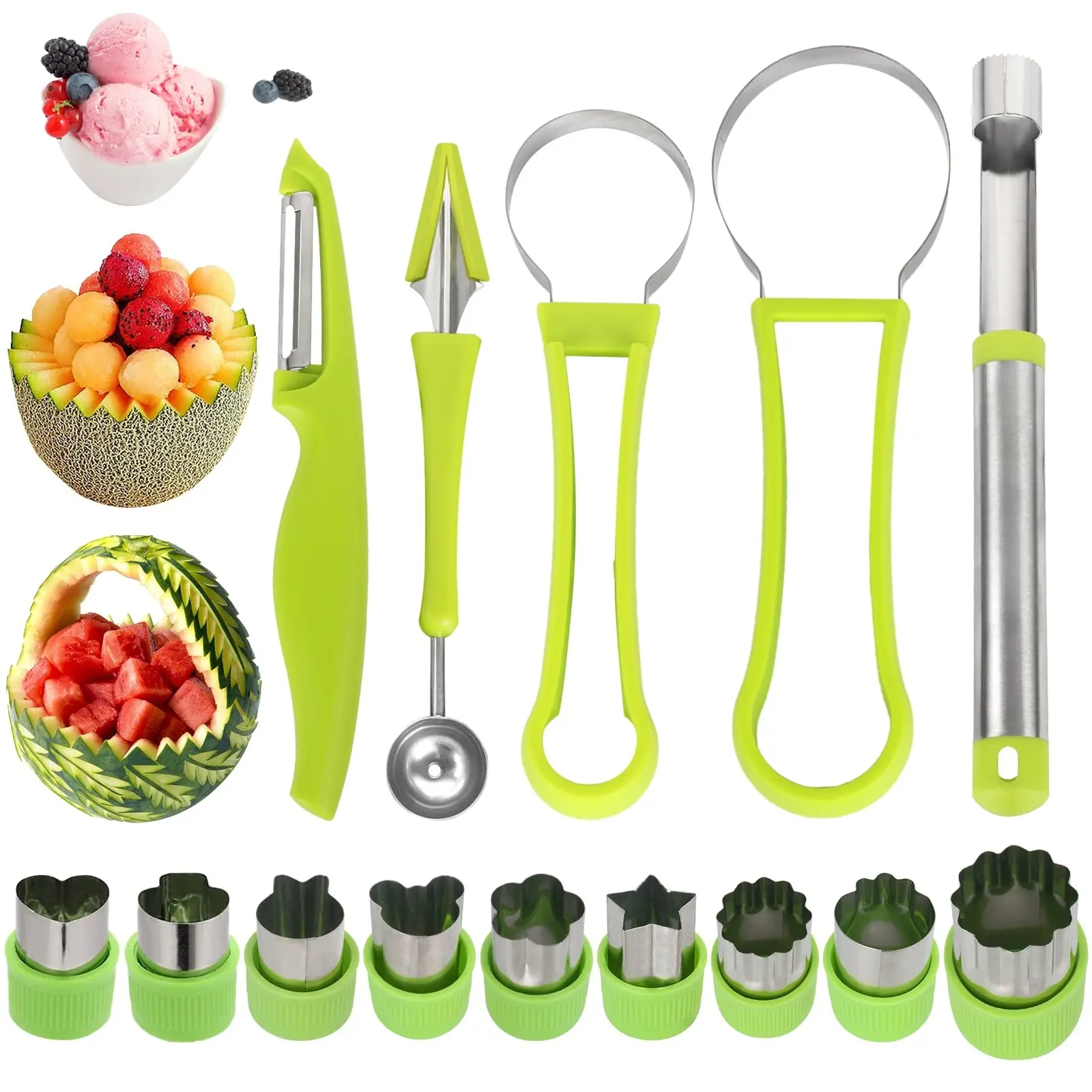 14-Pack 4 In 1 Stainless Steel Kitchen Melon Baller Scoop Set for Unisex Adults, Multi-Fruit Tool Kit with Scooper, Seed Remover, Peeler, Shape Cutters & Pulp Separator Slicer for Fruits, Vegetables, Seed Removal