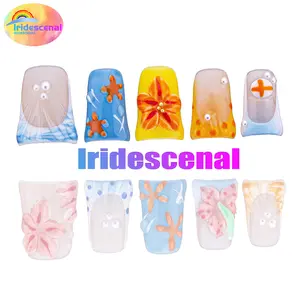 Iridescenal 10pcs the duck press on nails,Y2K style, 100% handmade，reusable ,Blue nails, yellow, with pink carvings, 3D, pearls, spray guns, yellow carvings，suitable for daily wear and matching, and also the best gift for girls and ladies