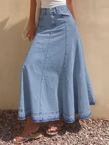 Classic Fashion Everyday Women's Non-Stretch Versatile Fringed Denim Long Skirt Fit, Trendy Casual for All Seasons Bottom