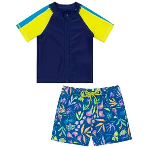 Boys Short Sleeve Zipper Rash Guard and Swim Trunk Set | "Tropadelic"