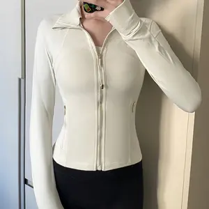 Workout Jacket Cropped Full Zip Athletic Jacket for Women, Lightweight Quick Dry Fashion Yoga Tops, Slim Fitting Activewear with Thumb Holes and Functional Zipper Pockets
