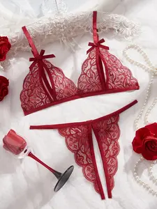 Women's Sexy Lace Lingerie Two-piece Set, Solid Color Push Up Bra & Open Crotch Panty Set, Lingerie Set for Women Underwear Sets