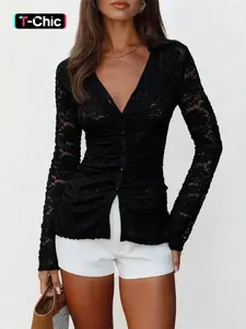Women's Lace Polo Neck Tight-Fitting Top Blouse, Stylish Women's Clothing, Perfect for Casual Wear & Daily, Comfortable Fit Design