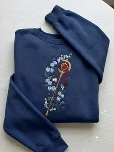 Frieren Inspired Embroidered Sweatshirt, Fern Magic Staff Embroidery Anime Crewneck